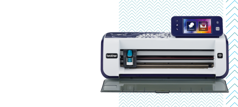 Macchina ScanNCut su sfondo con motivo bianco e blu