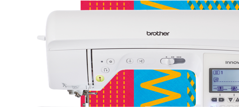 sewing machine on multicoloured pattern background