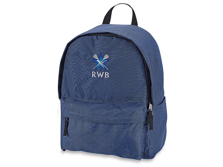 Navy backpack with RWB logo embroidered on it