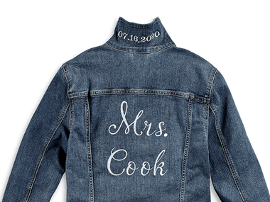 Denim jacket embroidered with Mrs Cook and date