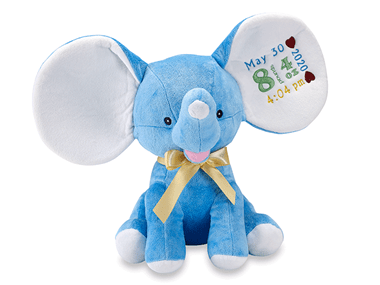 Light blue elephant soft toy with embroidery design in ear
