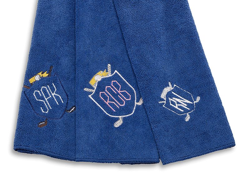 Three blue embroidered golf towels