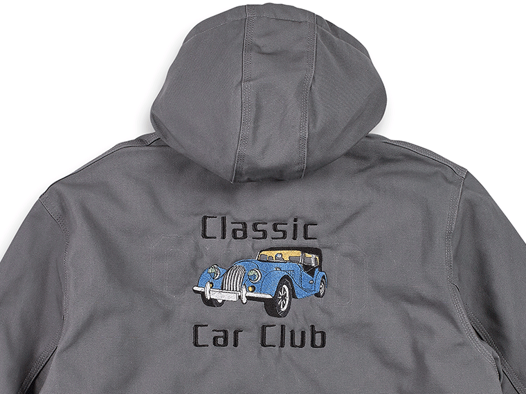 Grey hoodie embroidered on back with Classic Car Club logo
