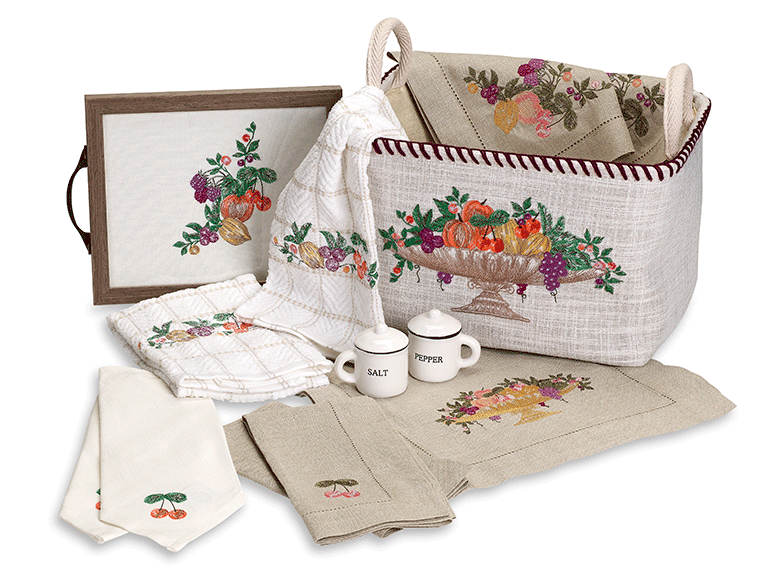 Embroidered teaset in natural vintage coloured fruits