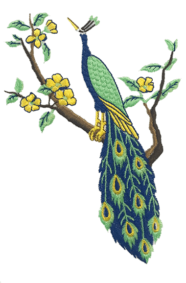   Paon bleu et vert assis sur un motif de broderie de branche