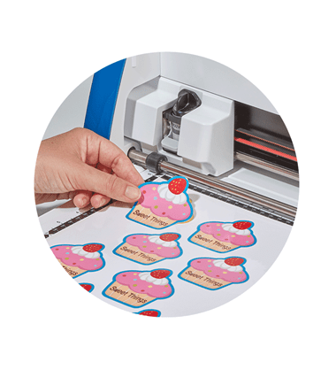 Pink cupcake stickers being cut by ScanNCut SDX2200D