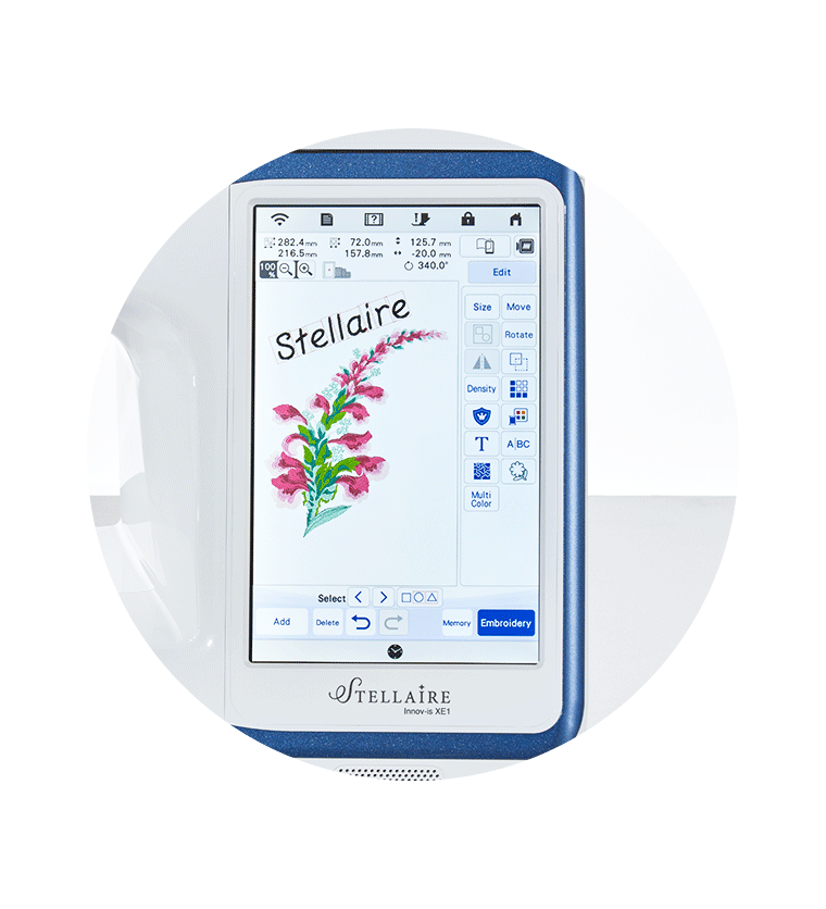 Pink flower on screen of Stellaire machine with editing functions