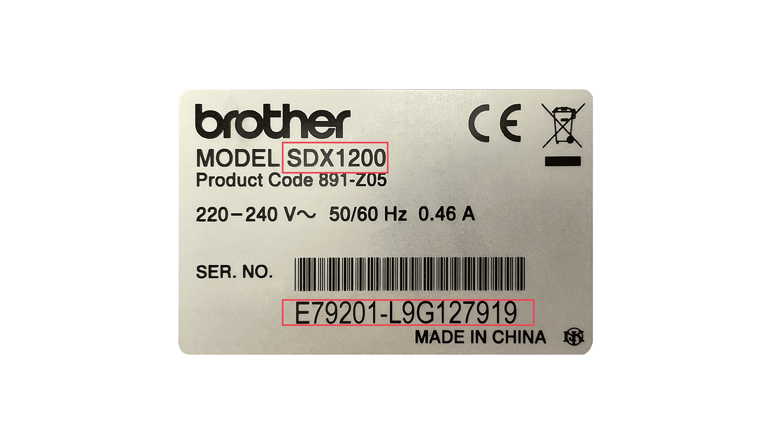 Silver sticker with model and serial number information