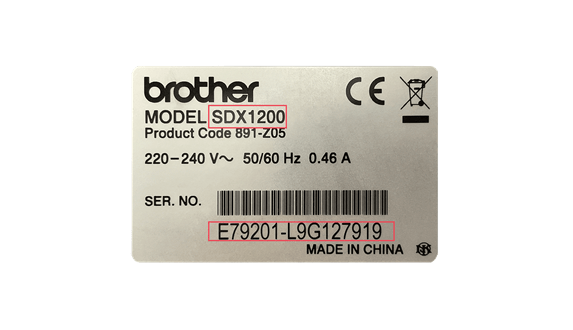 Silver sticker with model and serial number information