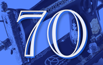 Number 70 on blue background with sewing machine