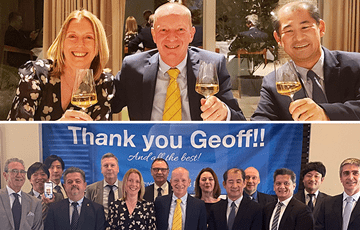 A group of people in business suits with a blue banner reading thank you Geoff