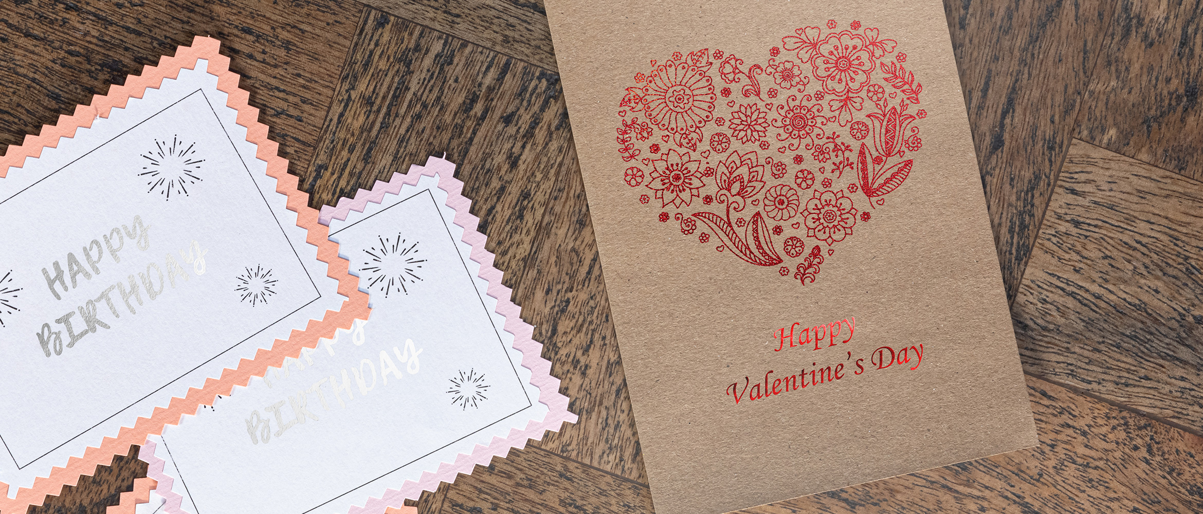 Greeting cards with silver and red foil