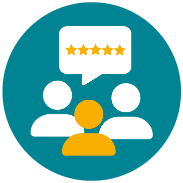 Three user icons with a five star review symbol on a teal circular background