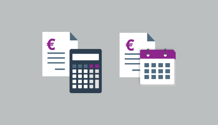 Grey background with white and purple calculator and calendar icons representing flexible payment plans 