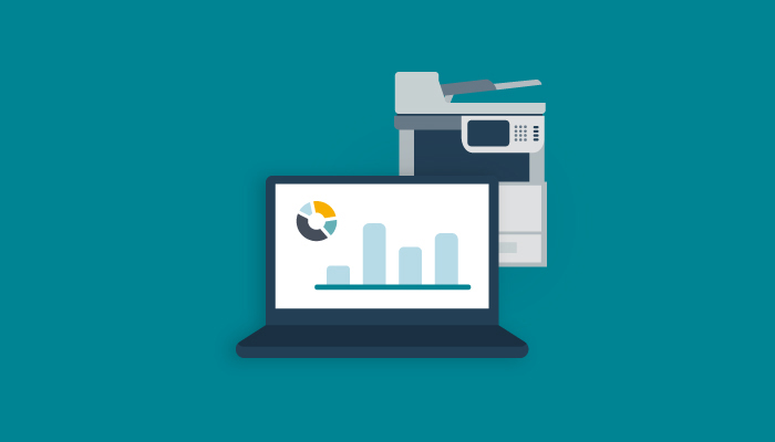 Teal colour background with computer icon with graphs on screen and Brother printer icon behind it
