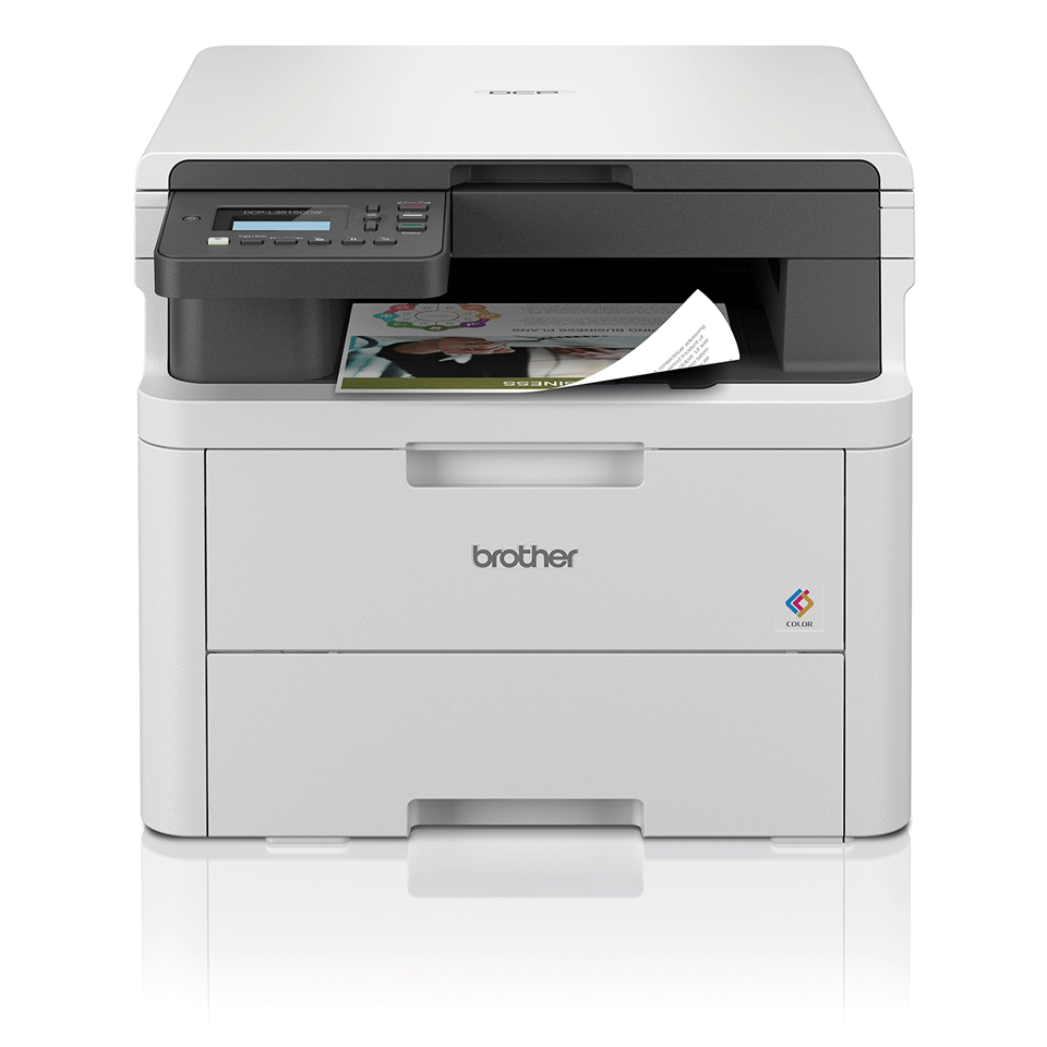 DCP-L3515CDW 3-in-1 printer with duplex colour output positioned facing foward on a white background