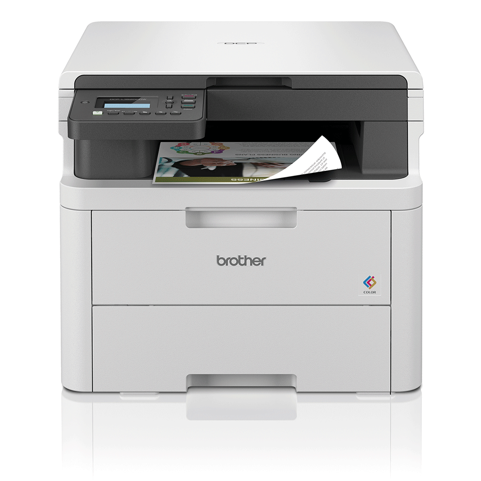 Принтер Brother DCP-L3520CDW обърнат напред с леко отражение и пълноцветен двустранен документ