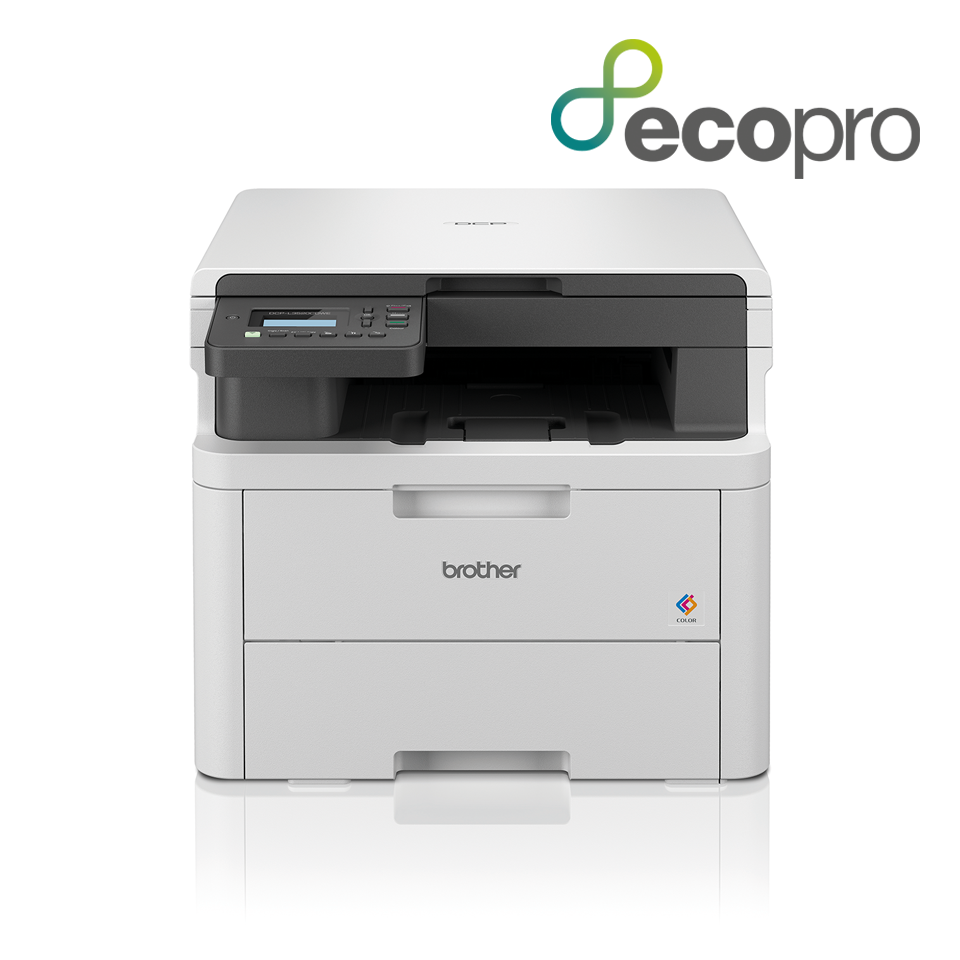 DCP-L3520CDWE 3-in-1 printer with duplex colour output positioned facing foward on a white background with the EcoPro logo in the upper right