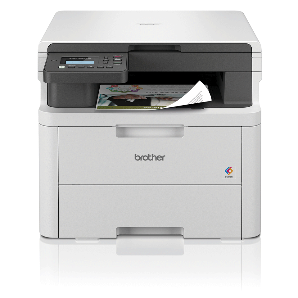 DCP-L3527CDW 3-in-1 printer with duplex colour output positioned facing foward on a white background
