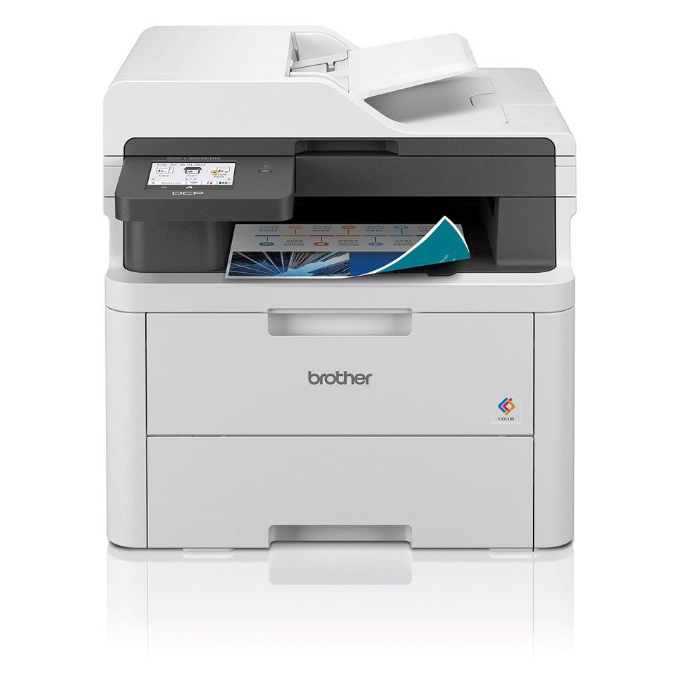 Brother DCP-L3555CDW 3-in-1 LED printer facing front on a white background