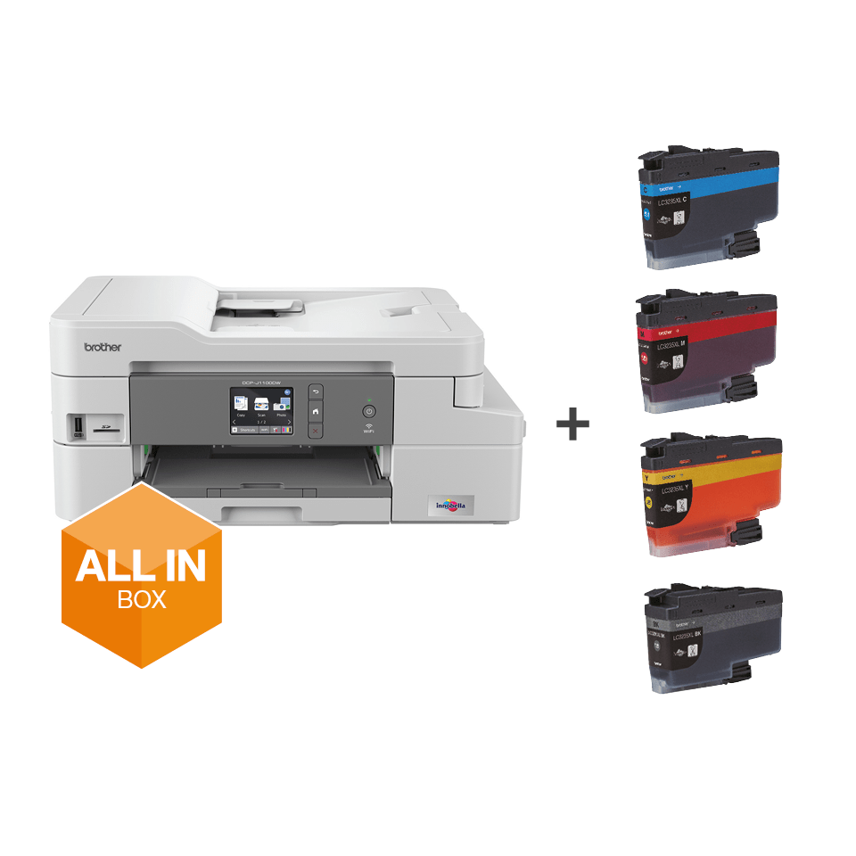 DCP-J1100DW printer from the front, with all in box logo and cartoon sitting on top
