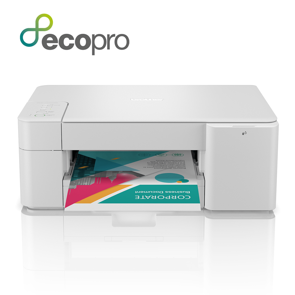 DCP-J1200WE printer front facing with colour output and EcoPro logo