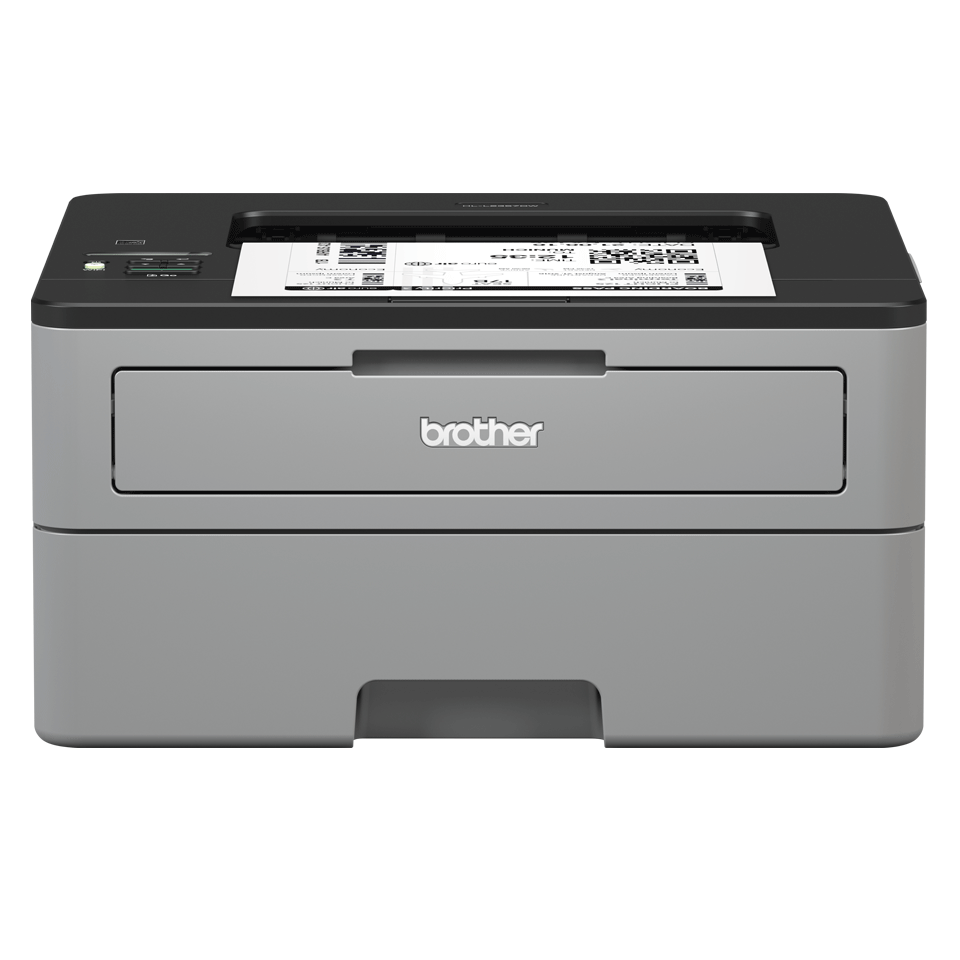 Brother mono laser printer HL-L2357DW facing forward with a printed document