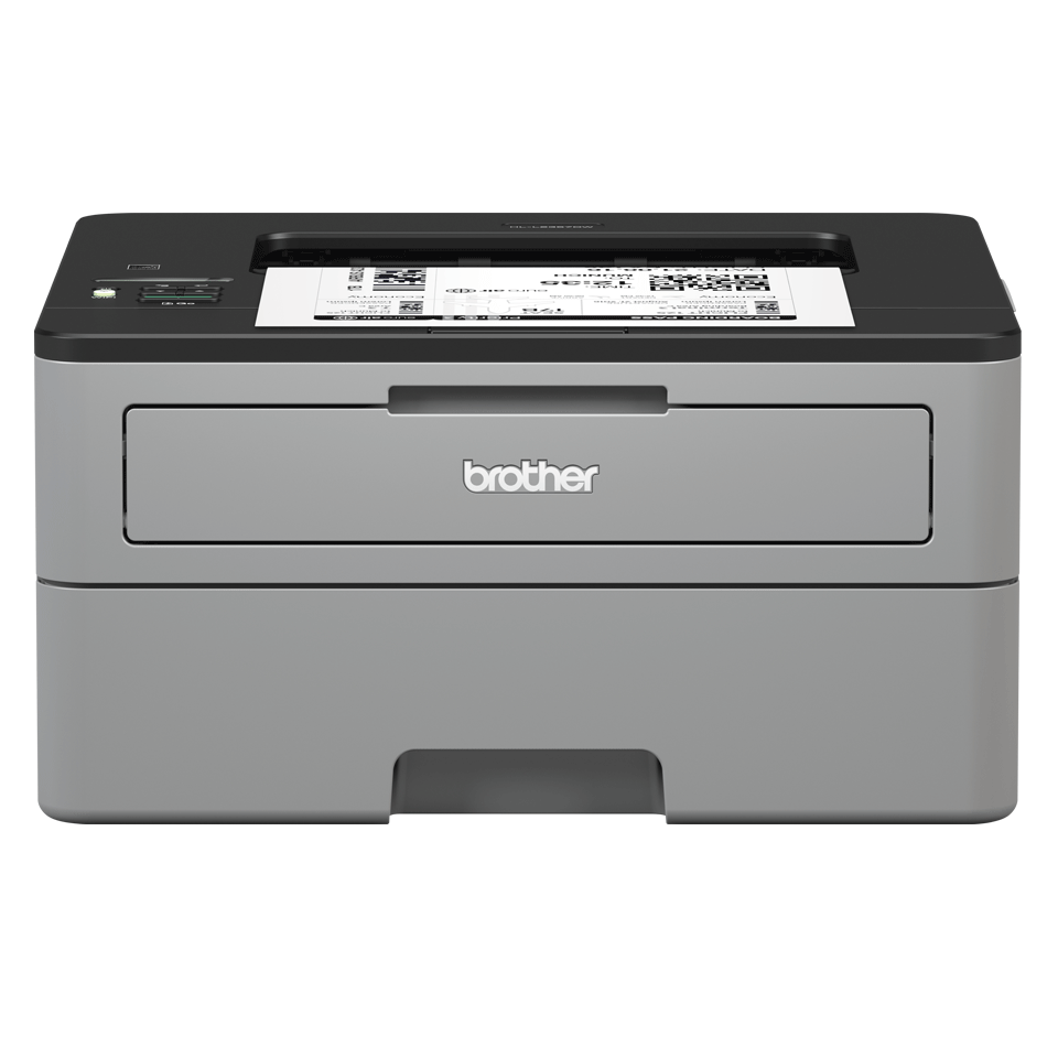 Brother mono laser printer HL-L2357DW facing forward with a printed document
