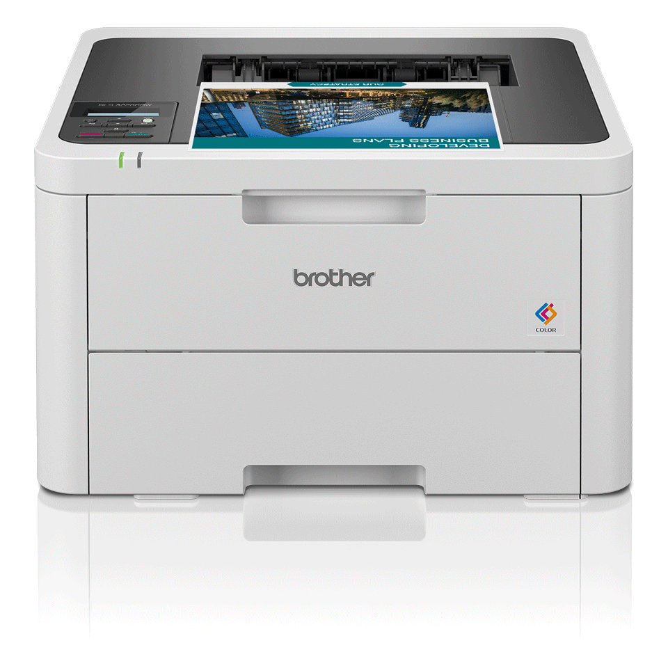 Kolorowa drukarka LED Brother HL-L3220CW przodem na białym z zadrukowanym z jednej strony kolorowym dokumentem