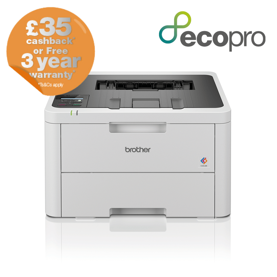 Brother HL-L3220CWE colour LED printer facing front on a white background featuring the EcoPro logo in the upper right corner