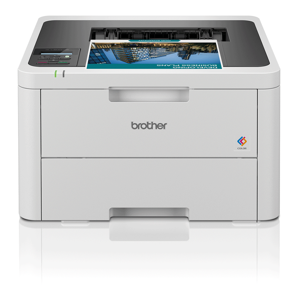 HL-L3240CDW with full colour output positioned facing forward on a white background with a reflection 