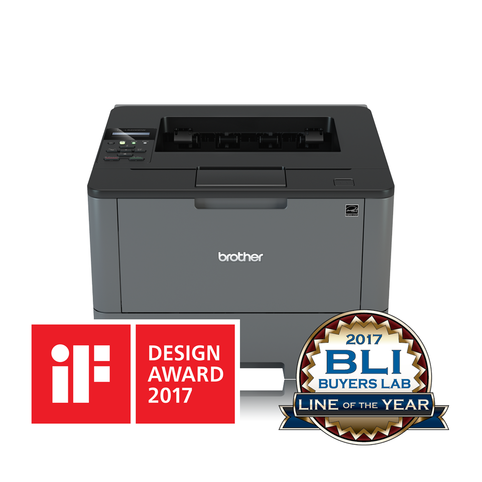 Brother HLL5200DW sort-hvitt laserskriver med iF design og BLI award logo
