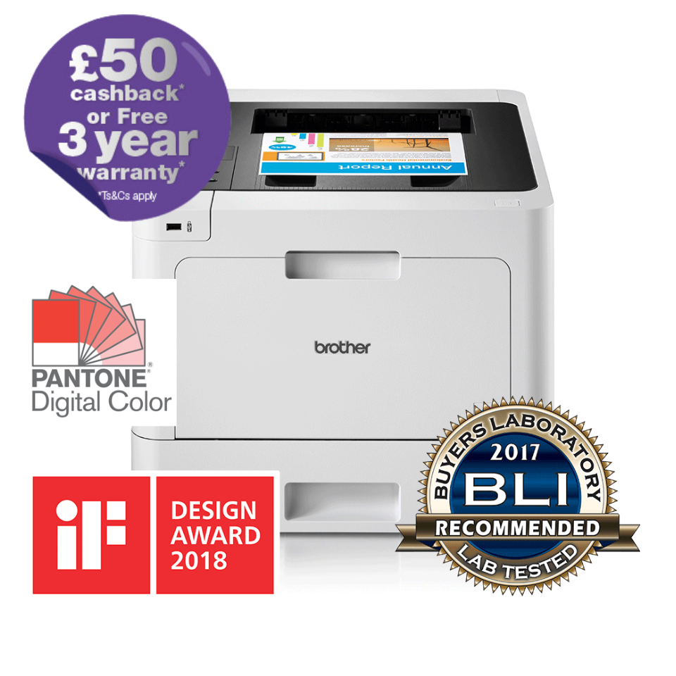 Brother HL-L8260CDW colour laser printer with BLI, IF, Pantone logos