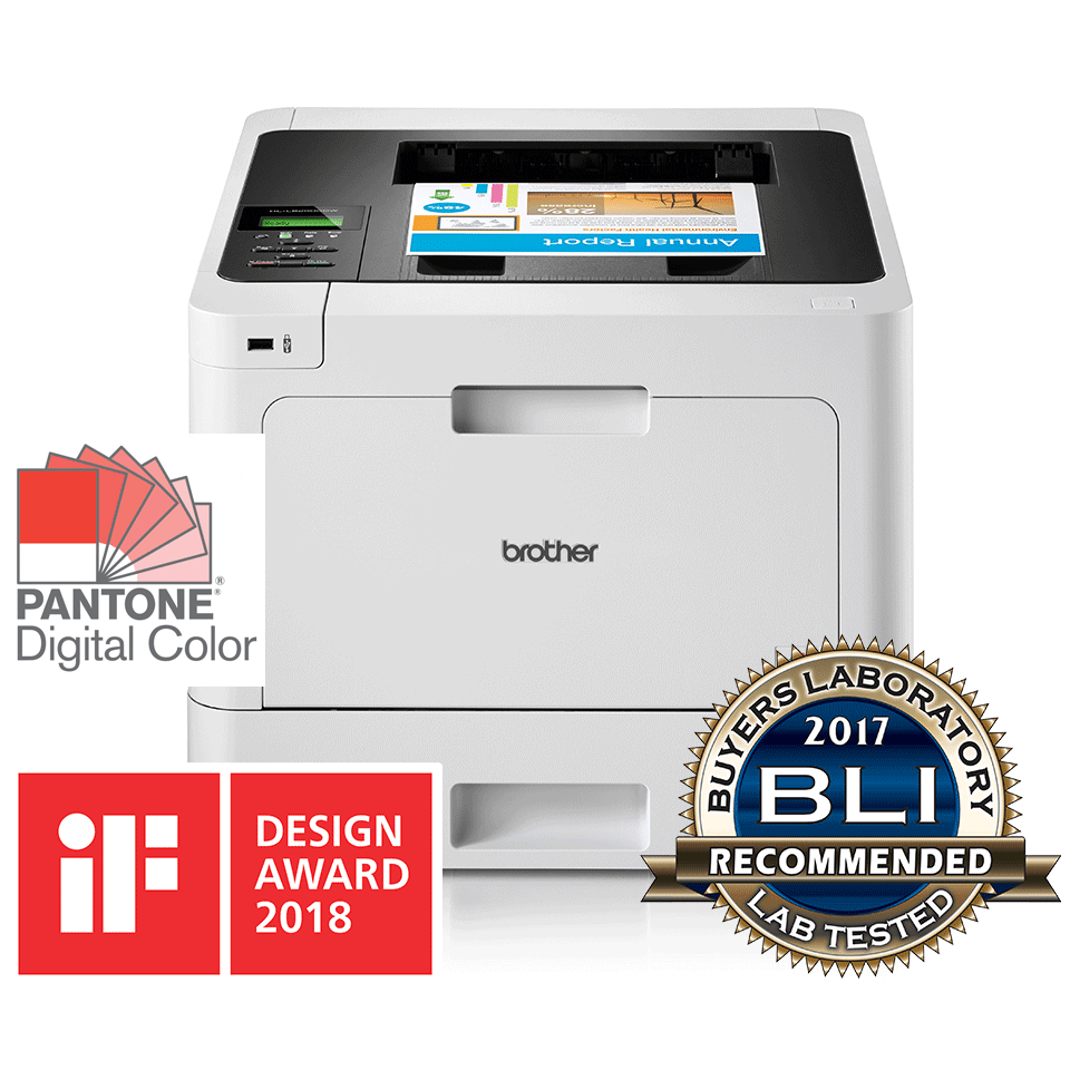 Brother HL-L8260CDW colour laser printer with BLI, IF, Pantone logos