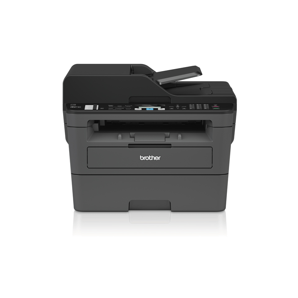 Compact 4-in-1 mono laser printer facing front with shadow