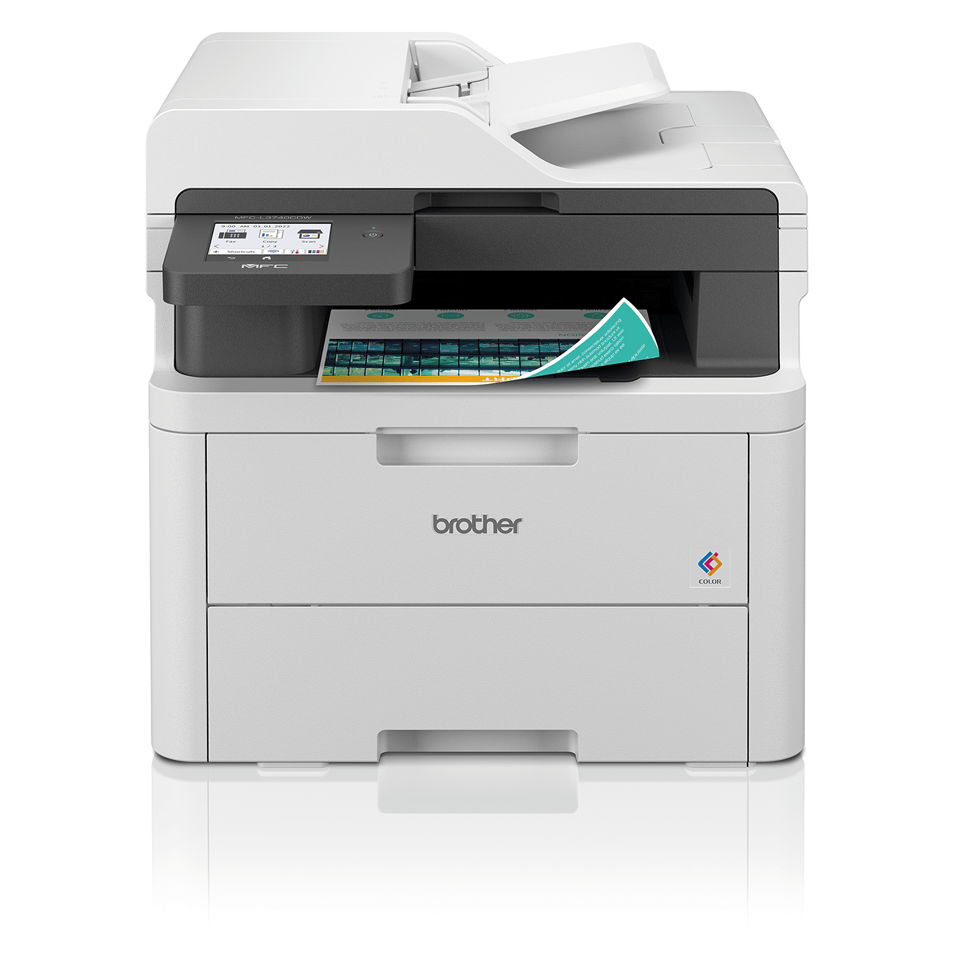 Přímý pohled na multifunkční tiskárnu Brother s plně barevným duplexním výstupem