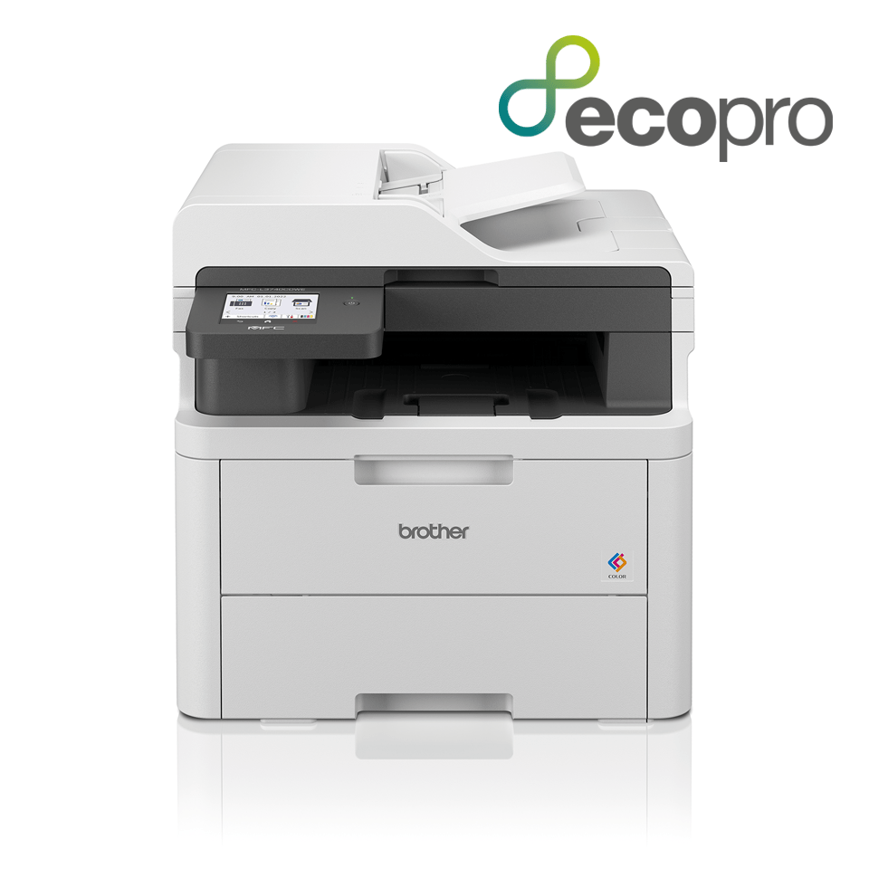 Brother MFC-L3740CDWE LED printer facing front on a white background with the EcoPro logo in the upper right corner