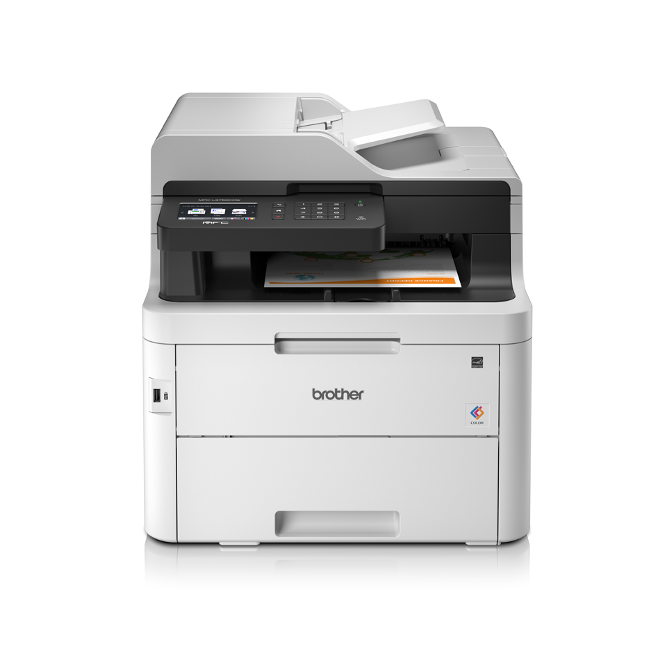 MFCL3750CDW colour LED wireless printers front facing with paper