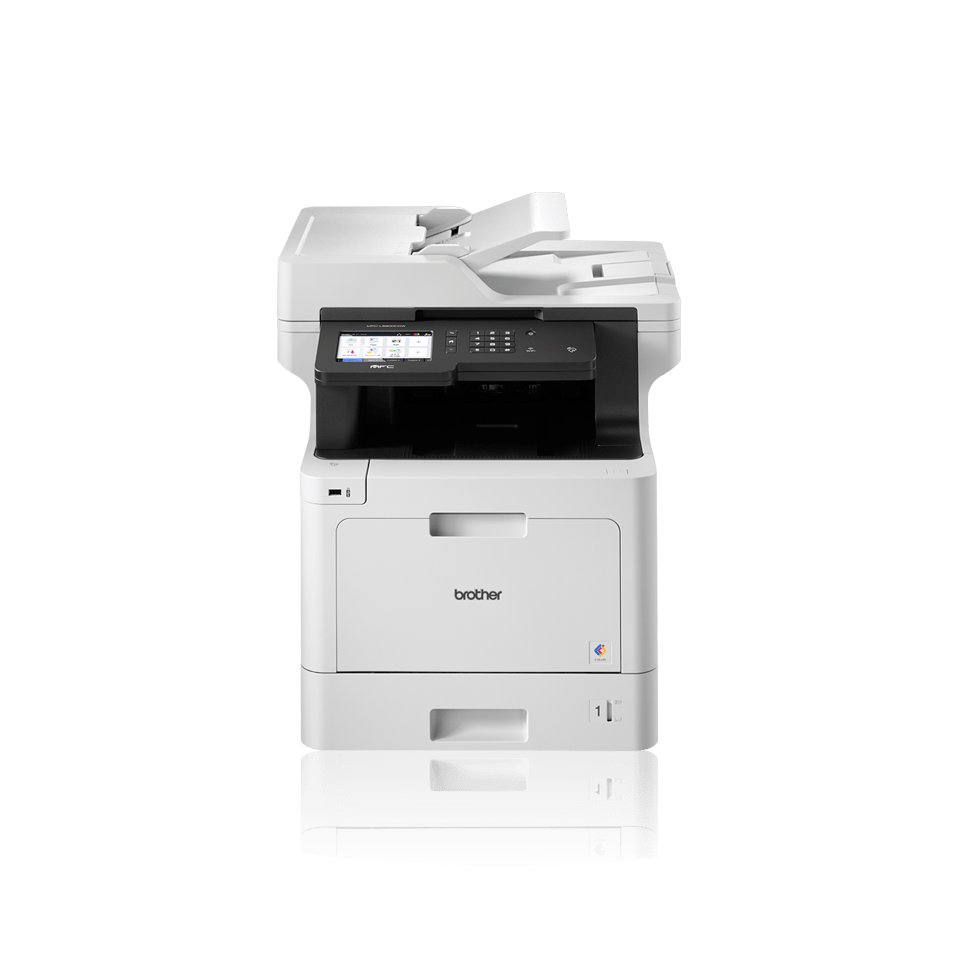 Brother business colour laser MFCL8900CDWLT facing front with additional paper tray with BLI Pick, IF Design 2018 logo, Pantone logo