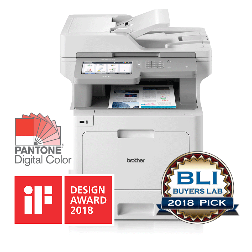 MFC-L9570CDW multifunction colour laser printer for SMBs with BLI, IF Design 2018 award, Pantone logo