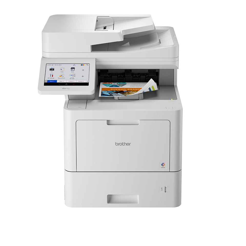 MFC-L9670CDN din față, cu un document imprimat