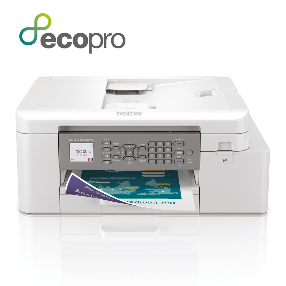 MFC-J4340DWE printer front facing with colour output and EcoPro logo