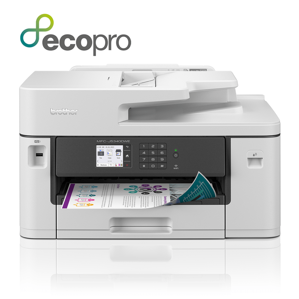 MFC-J5340DWE printer front facing with colour output and EcoPro logo