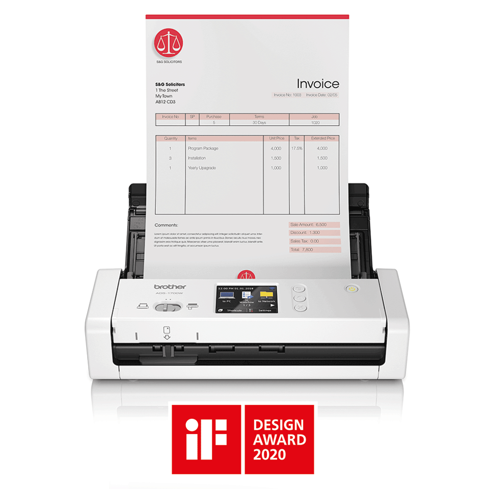 Brother ADS1700W dokument skanner med iF Design Award 2020 logo