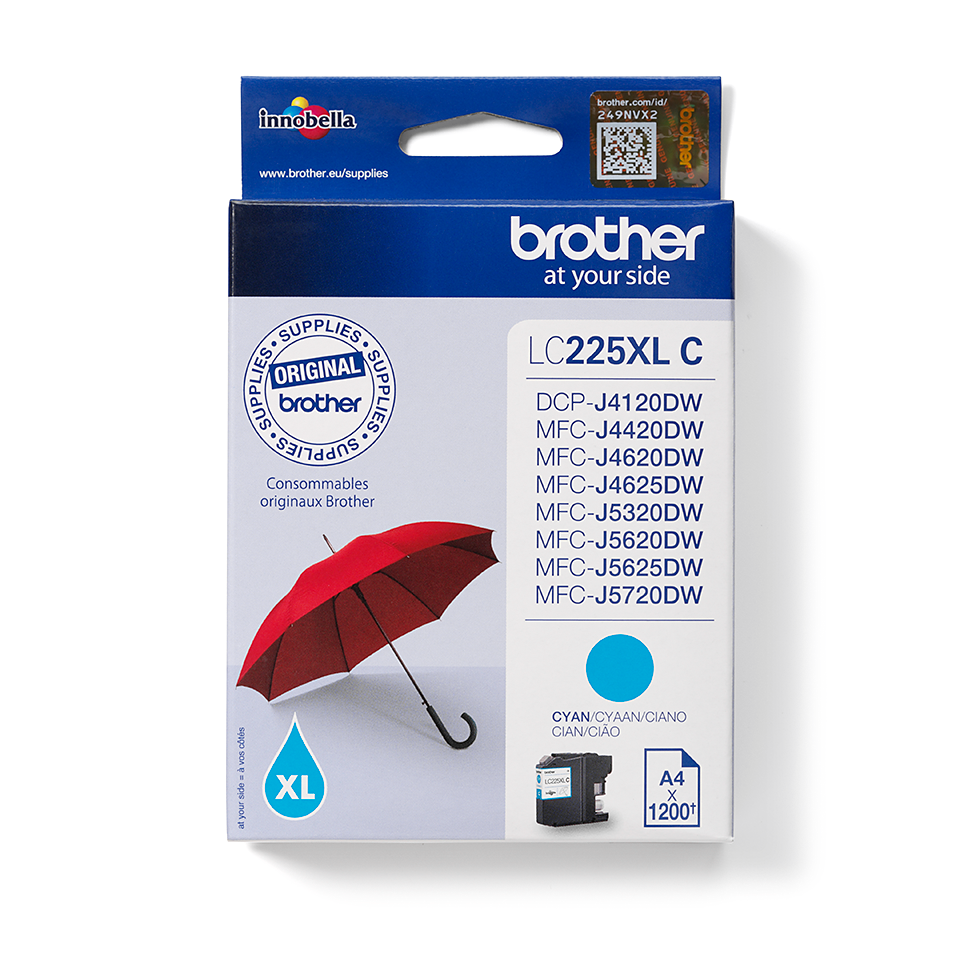 Brother LC225XLC cyan XL-høykapasitet blekkpatron i eske front