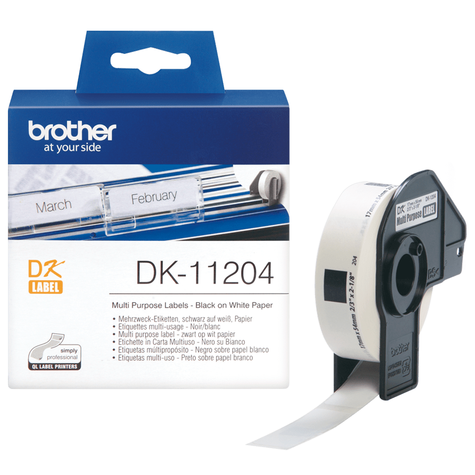 En rull og en farpakning med Brother DK11204 universaletikett – sort på hvit, 17 mm x 54 mm