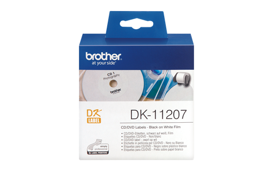 Originalus Brother DK-11207 CD/DVD plėvele dengtų etikečių ritinėlis – juodos raidės baltame fone, 58 mm skersmens 2