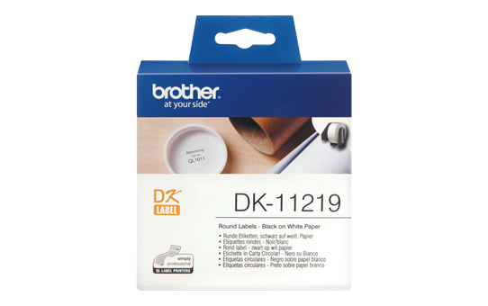  Oryginalne okrągłe etykiety DK-11219 firmy Brother (czarny nadruk na białym tle) o średnicy 12mm