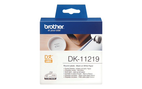 Оригинална лента Brother DK-11219, черен текст на бял фон, 12мм кръгли етикети. 2