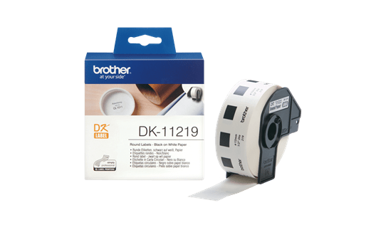 Genuine Brother DK-11219 Label Roll – Black on White, 12mm round labels